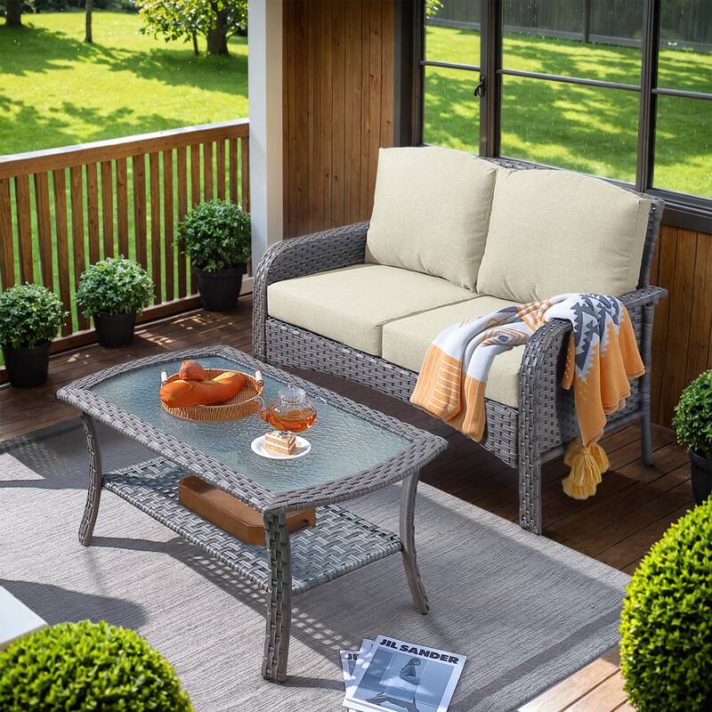 HOOOWOOO 2-piece Outdoor Rattan Wicker Loveseat Sofa with Coffee Table - Beige