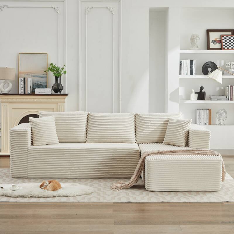 Roomfitters Modular Sectional Sofa, Deep Seat L-Shaped Cloud Couch with Right Chaise in Plush Corduroy for Living Room Comfort - Beige