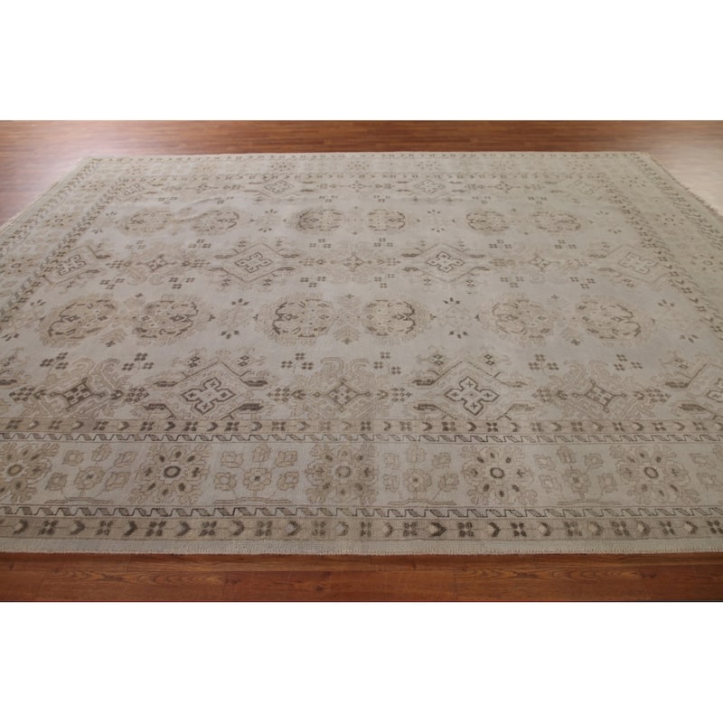 Geometric Oushak Area Rug Hand-Knotted Oriental Wool Carpet - 9'0"x 11'9"