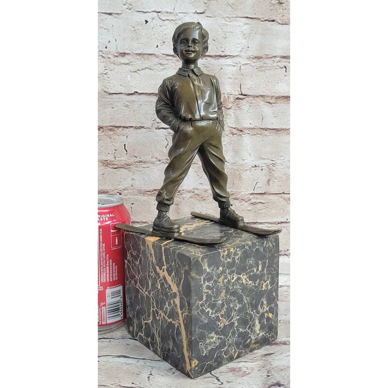 Little Boy On Skis Skiing Bronze Sculpture Statue Decor Art Figure On Marble Base