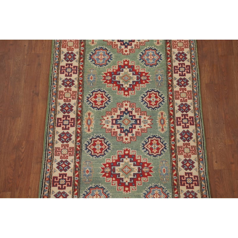 Green Kazak Runner Rug Handmade Wool Carpet - 2'8" x 9'7"