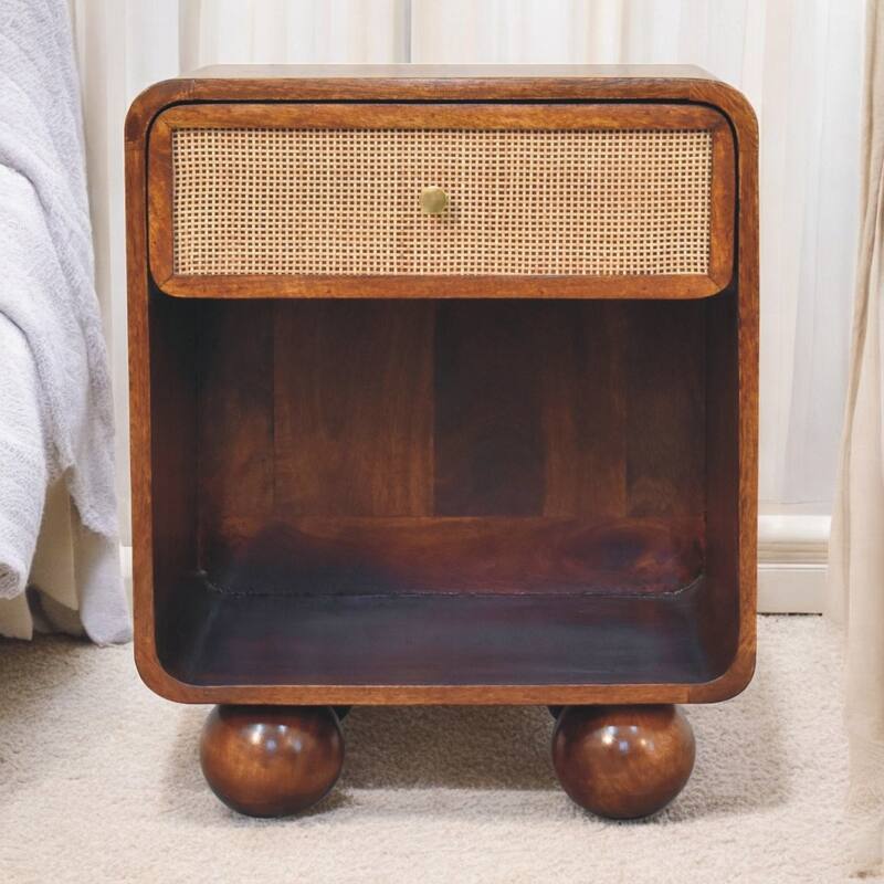 Artisan Furniture Solid Wood Chestnut Open Woven Bedside, Unique desgin, Brown with One Drawer