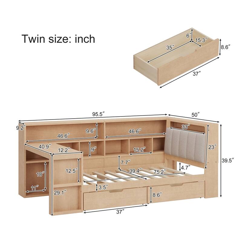 L-shaped Wooden Daybed with Desk and Storage Bookcase