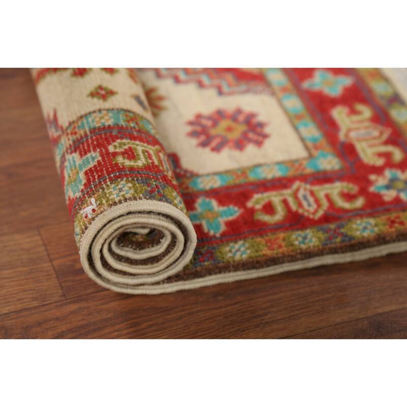 Geometric Kazak Accent Rug Hand-Knotted Beige Wool Carpet - 2'1"x 2'10"