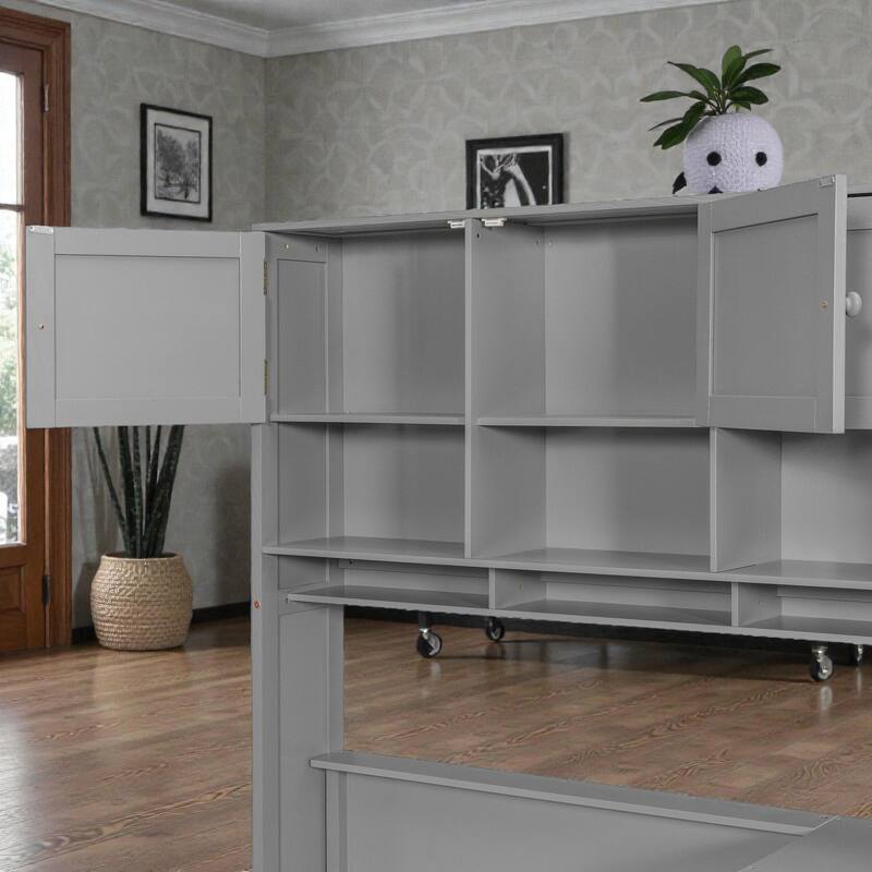 Twin Size Wooden Platform Bed with Desk and Storage, LED Light, Wardrobe Cabinets Drawers and Shelves