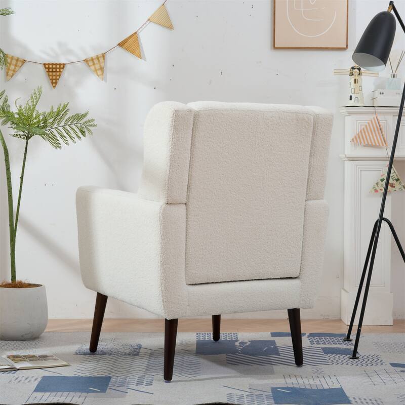 Clearance Sale Modern Accent Chair, Teddy Fabric Living Room Lounge Chairs with Wooden Legs Accent Chairs, White