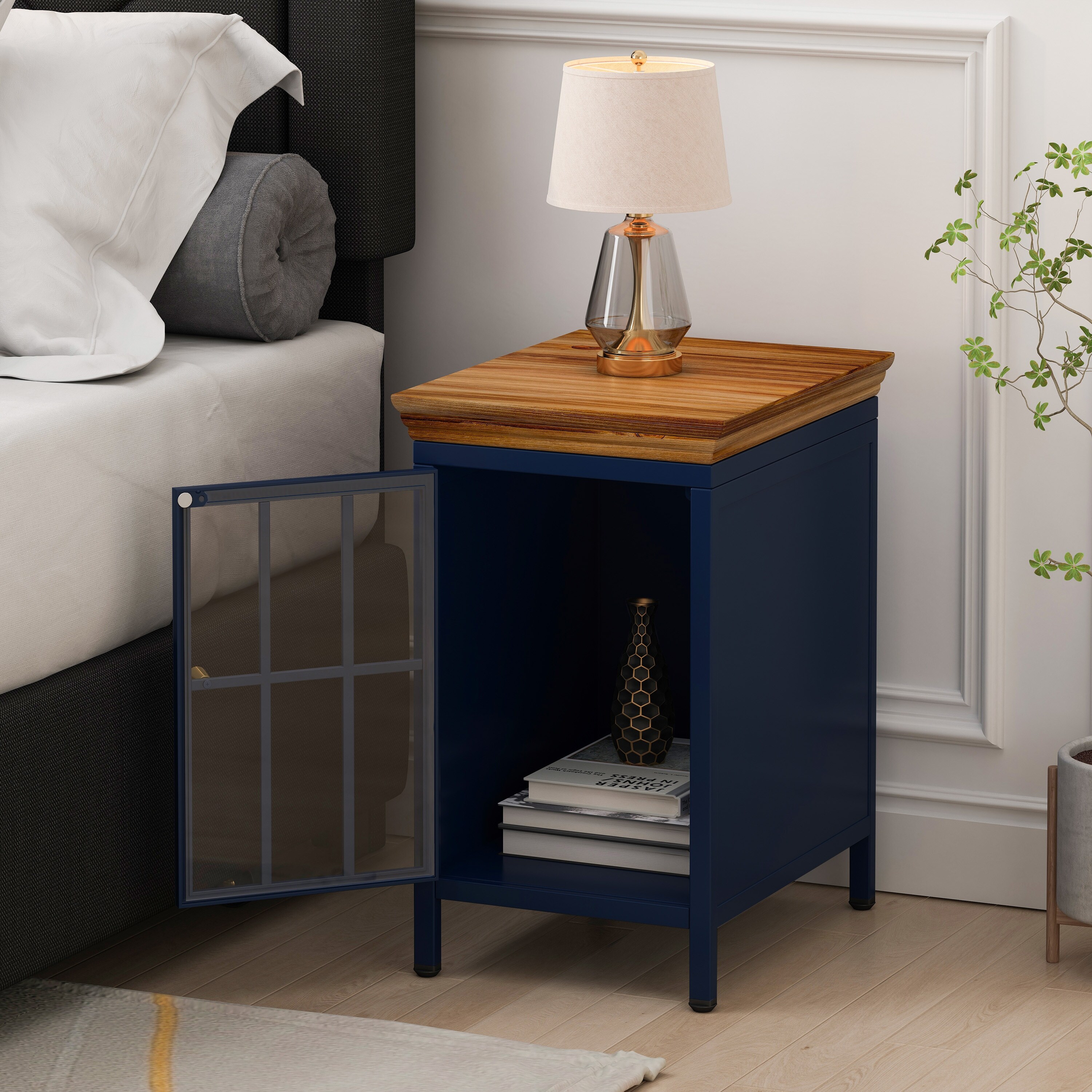 Blue End Table Nightstand with Storage Cabinet Solid Wood Tabletop Tempered Glass Door Bedside Table Sofa Side Coffee Table On Sale Bed Bath Beyond 40141517