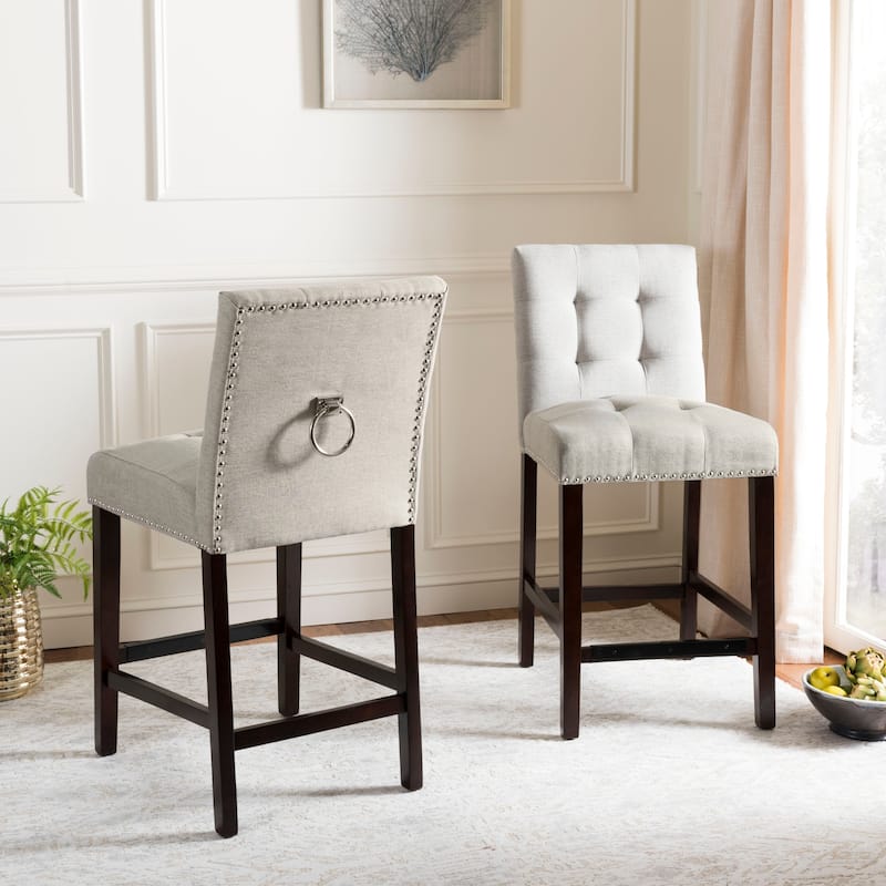 SAFAVIEH Vivien 27-inch Tufted Counter Stool (Set of 2) - 19Wx23Dx40H - Light Grey/Chrome Nh+Ring/Espresso Leg