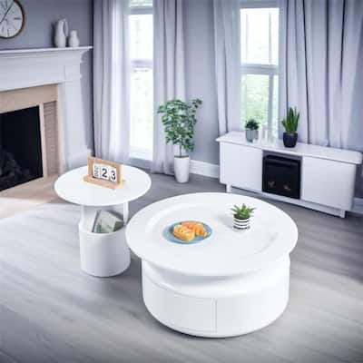 2 Pieces White MDF Round Coffee Table Set for Living Room,Bedroom
