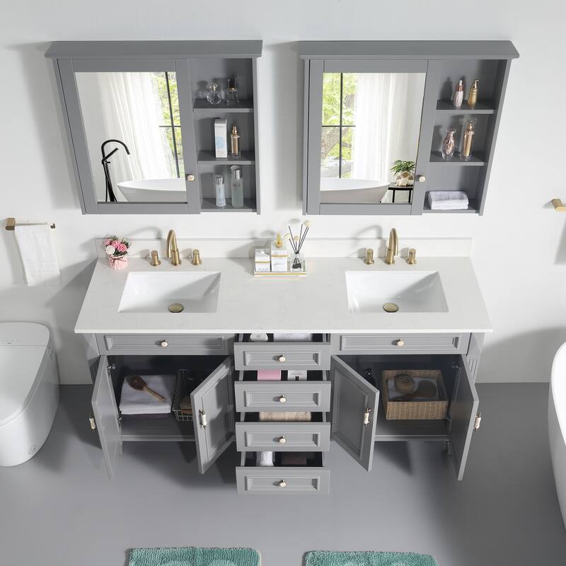 35'' H Solid Wood Bath Vanity with Stain-resistant Carrera White Quartz Top and Double Sink
