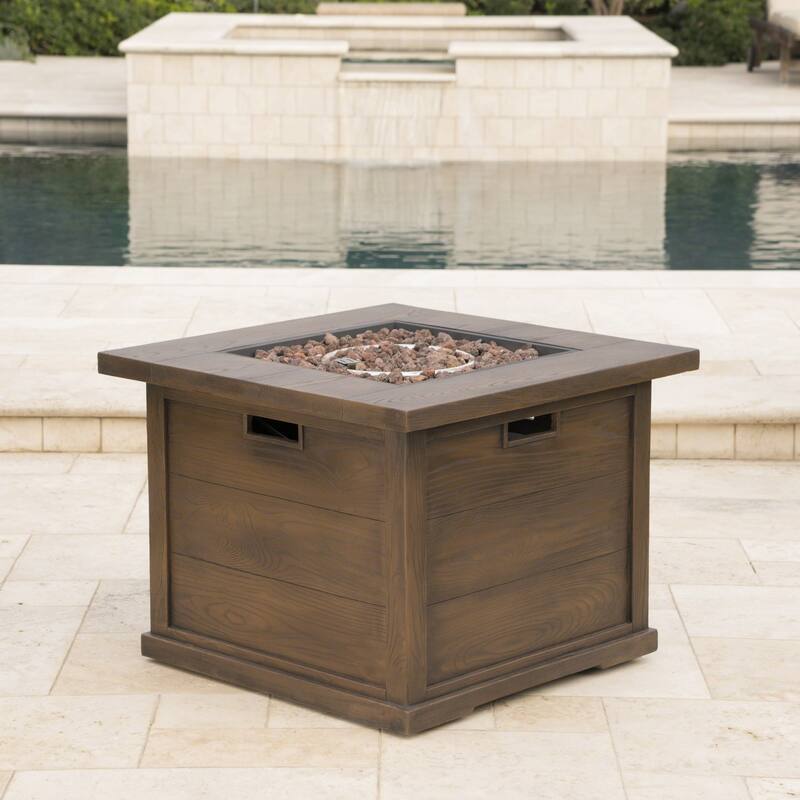 Roomfitters Outdoor Gas Fire Pit Table with Wood-Look Design, Square Propane Fire Pit with Lava Rocks, Brown - Brown