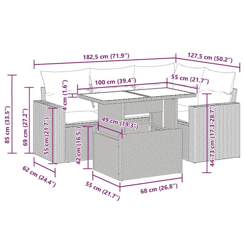 vidaXL Patio Sofa Set with Cushions Outdoor Furniture 5 Piece Poly Rattan - 21.7 x 39.4 x 28.7 in