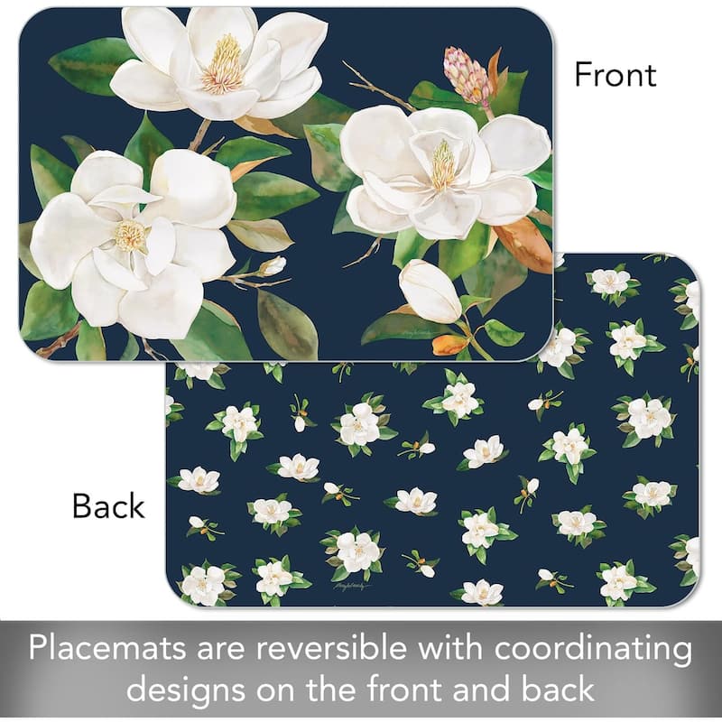 Magnolia in Bloom 4 Pack Reversible Easy Care Flexible Plastic Placemats Made in The USA BPA Free Easily Wipes Clean