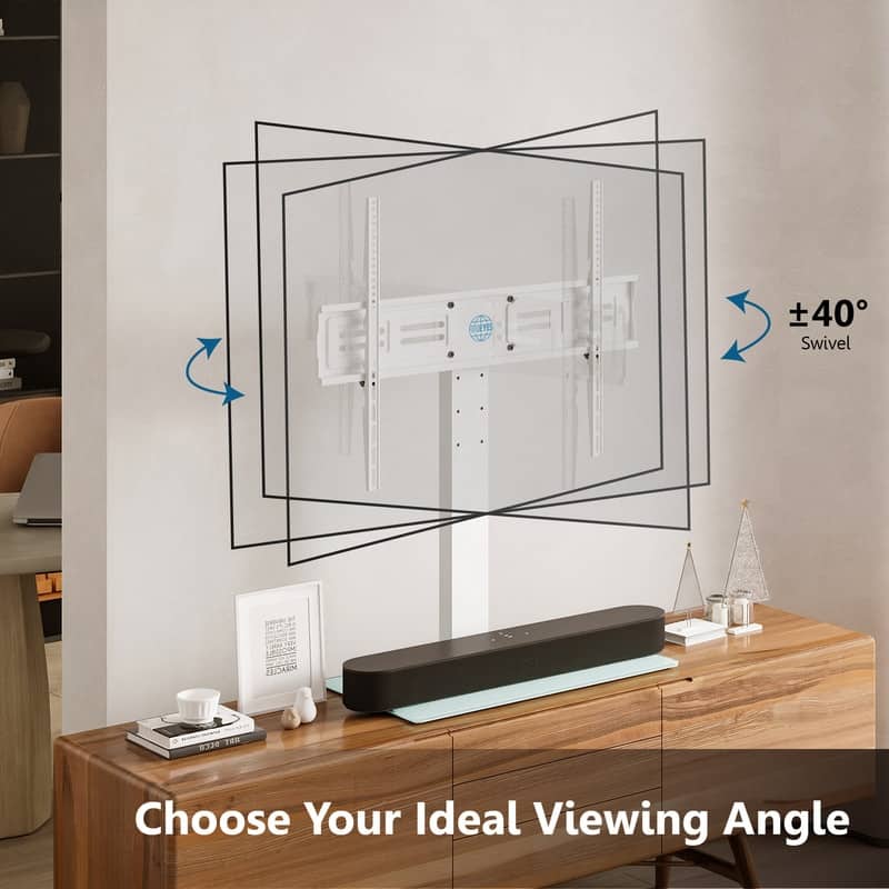 FITUEYES Table Top TV Stand for 50-85 Inch TVs Tempered Glass Base Hold up to 110 lbs, White