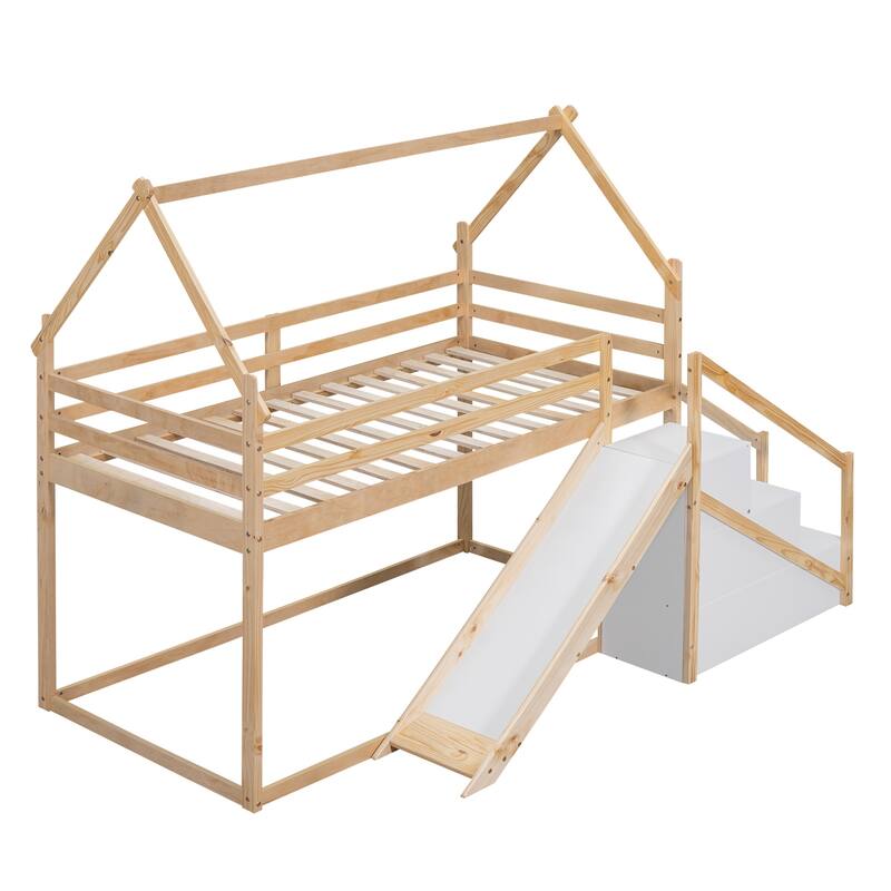 House-Themed Twin Bunk Bed with Climbing Net, Slide, and Storage Staircase