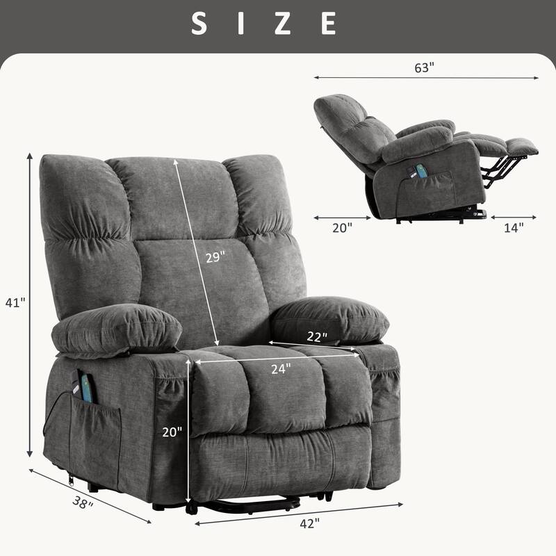 Blue Power Lift Recliner with Heat, Massage, USB Charging, Side Pockets, and Remote Control for Convenience