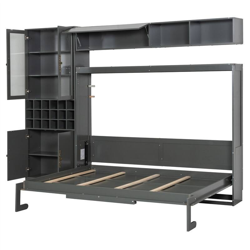 Full/Queen Size Murphy Bed Wall Bed with Sofa, Light and USB Charging, Foldable Murphy Cabinet Bed w/ Storage Shelves & Cabinets