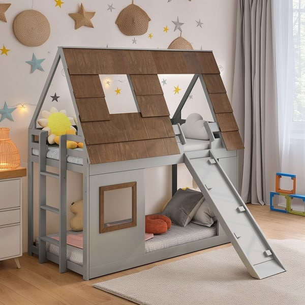 slide 2 of 8, Cozy and Fun Wood Twin Size House Bunk Bed with Window Roof Shape Design with Ladder and Climbing Ramp Grey