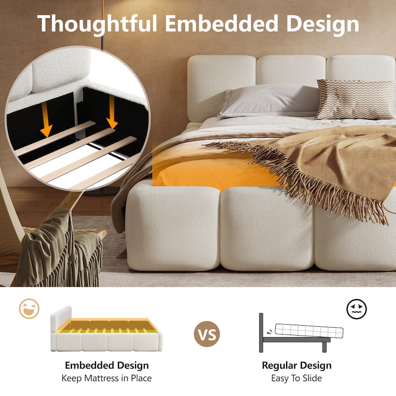 Embedded Platform Bed with Square Plush Upholstery Headboard White