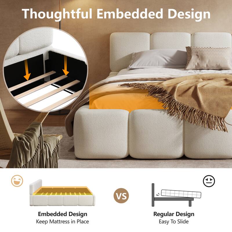 Upholstered King Size Platform Bed with Boucle Headboard, White - Modern & Elegant Design