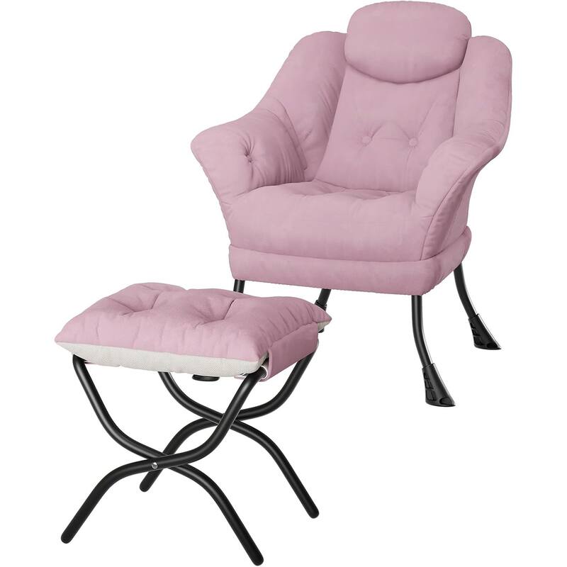 Lazy Chair, Ergonomic Reading Armchair Foldable Footrest, Modern Lounge Chair Removable Washable Cover - Pink