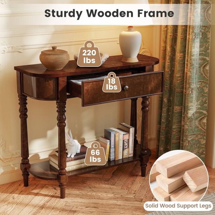 Retro Solid Wood Console Table with Drawer and Shelf Narrow Entryway Sofa Table for Living Room Hallway - 36" x 13" x 31"