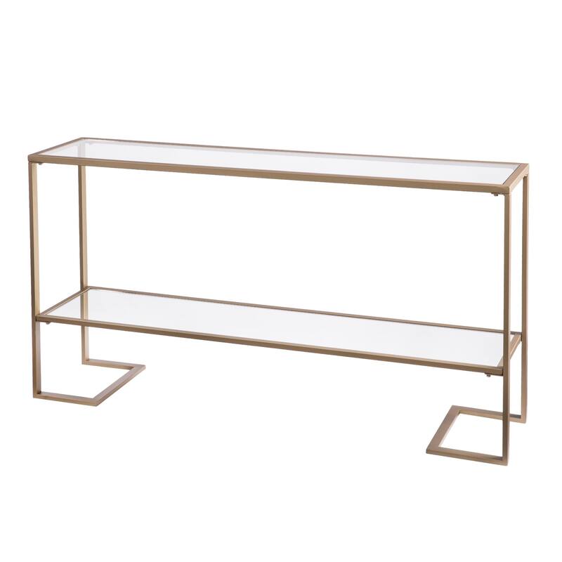 Clear Glass Gold Metal Console Table and Rectangular Sled Base with Shelves - 52” L x 12” W x 29” H