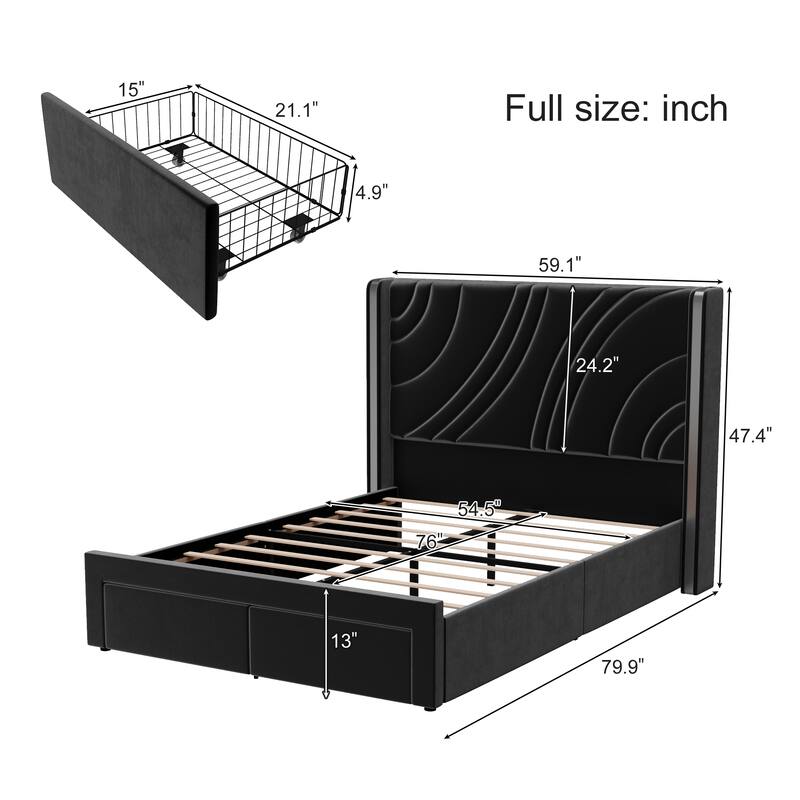 Velvet Upholstered Platform Bed with Smart Ambient Strip Lights Wingback Headboard, and Endbed Pull-out Storage Drawers
