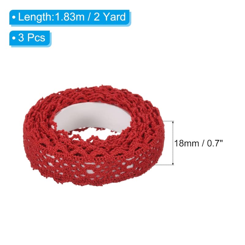3pcs 0.7" Wide 2 Yards Self-Adhesive Lace Tape Ribbon for Craft - Red
