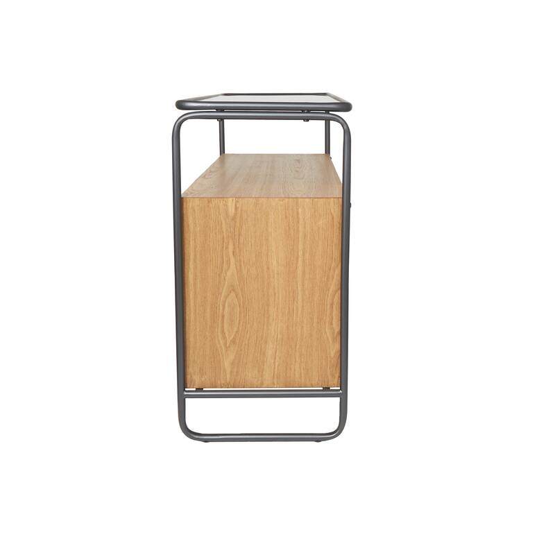 Brown Wooden Living Room Coffee Table with Cane Front Drawers and Gray Metal Frame