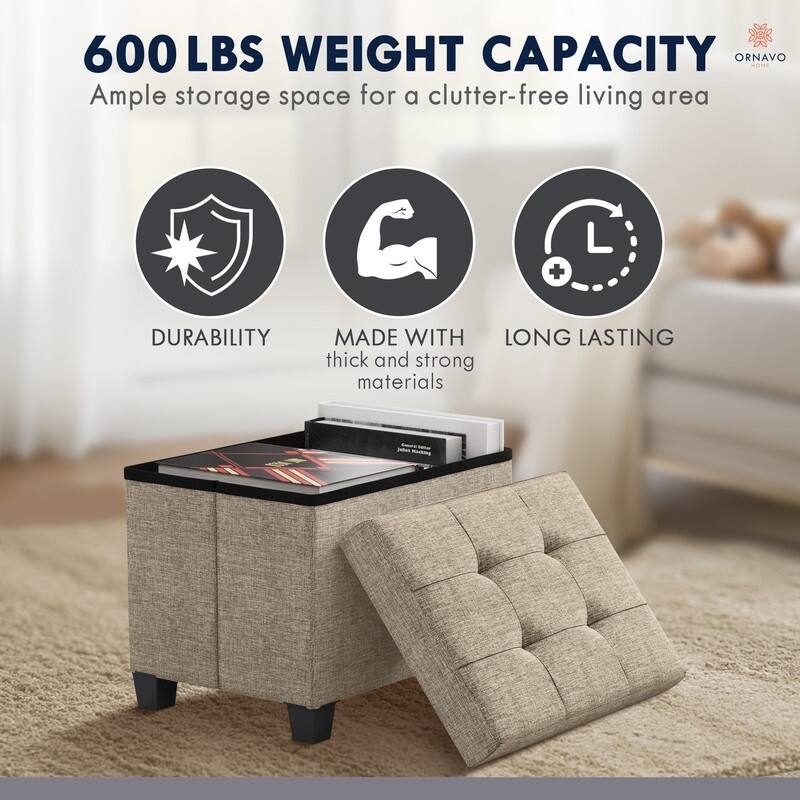 Ornavo Home Collapsible Rectangle Small Storage Ottoman with Legs - 12" x 16" x 12"