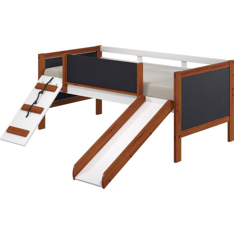 Classic Wood Twin Loft Bed with Slide, Blackboard on Rails, Brown, White