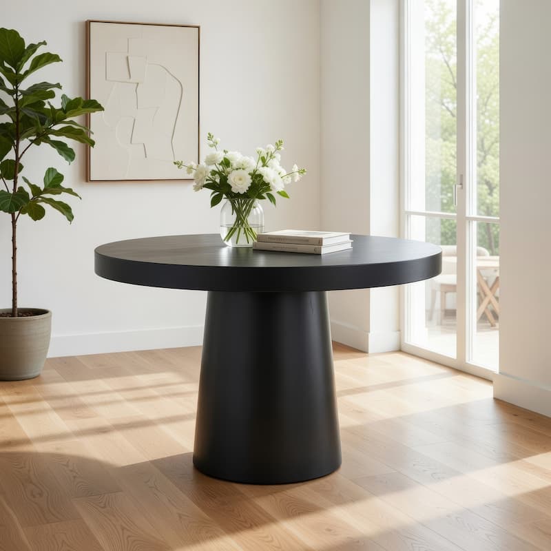 Cid Deso Dining Table, Black Concrete and Tapered Base, Round 43 Inch Top