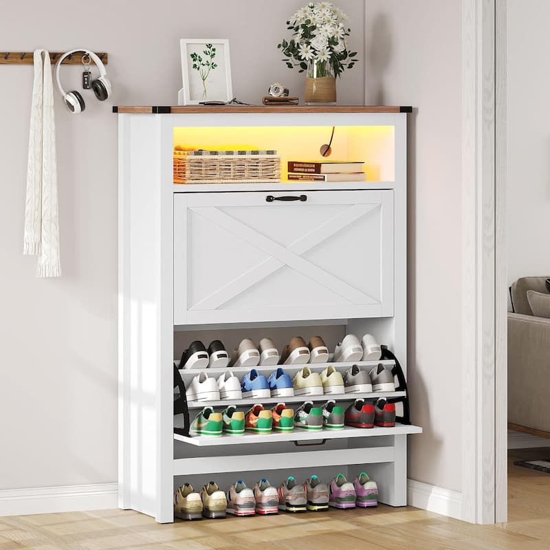 Moasis 2 Flip Drawers Shoe Storage Cabinet with LED Lights 16 Pairs Shoe Rack for Entryway - White