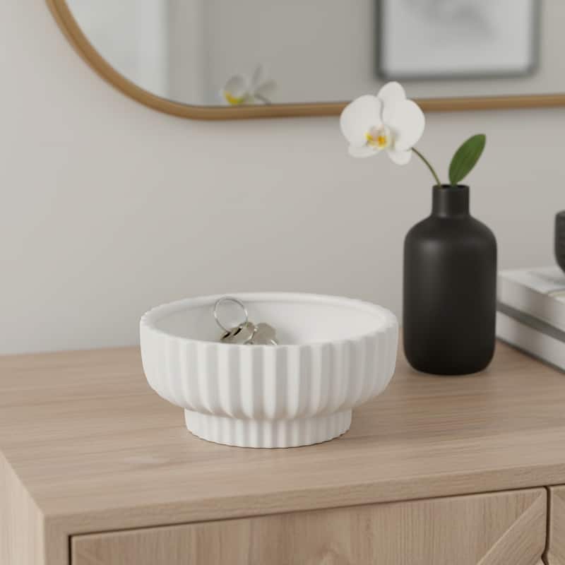Decorative Ribbed Ceramic Bowl with Matte Finish - 12", White - 12.0" - 12.0" - White