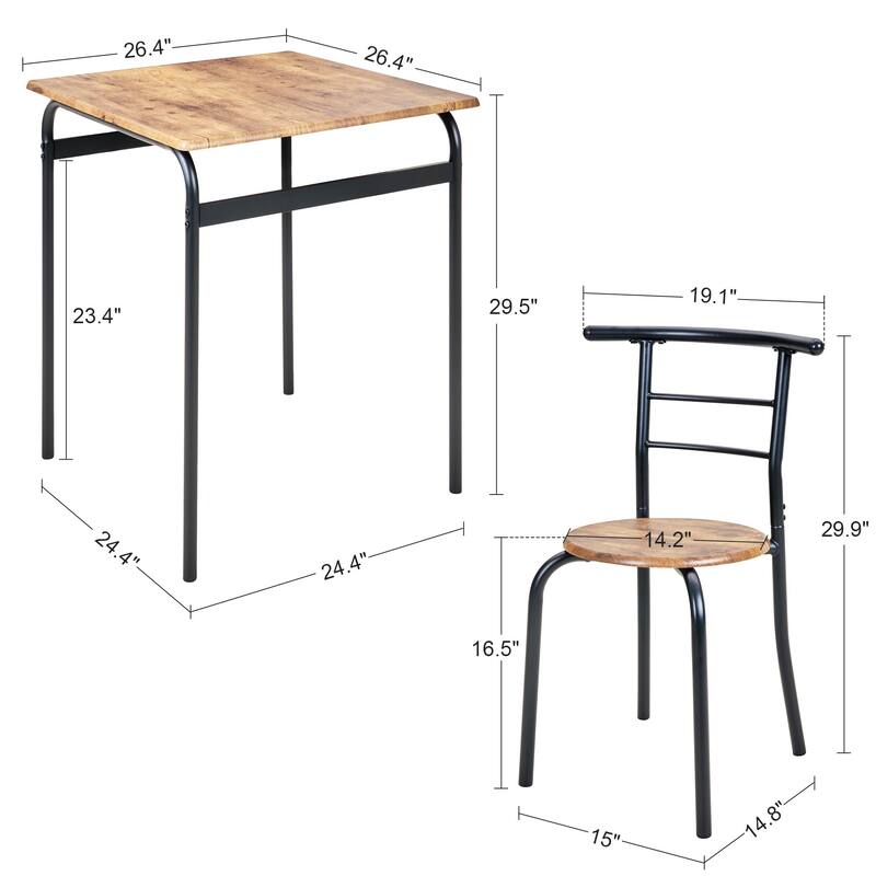 VECELO 3-Piece Compact Dining Set Space Saving 26.4" Square Table & Nesting Chairs Black Curved Frame & Round Back Chairs
