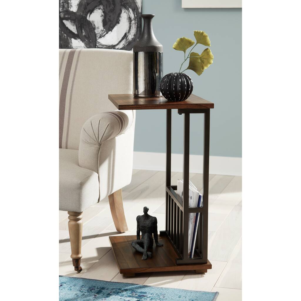 Wood and Metal Chairside Server with Magazine Rack