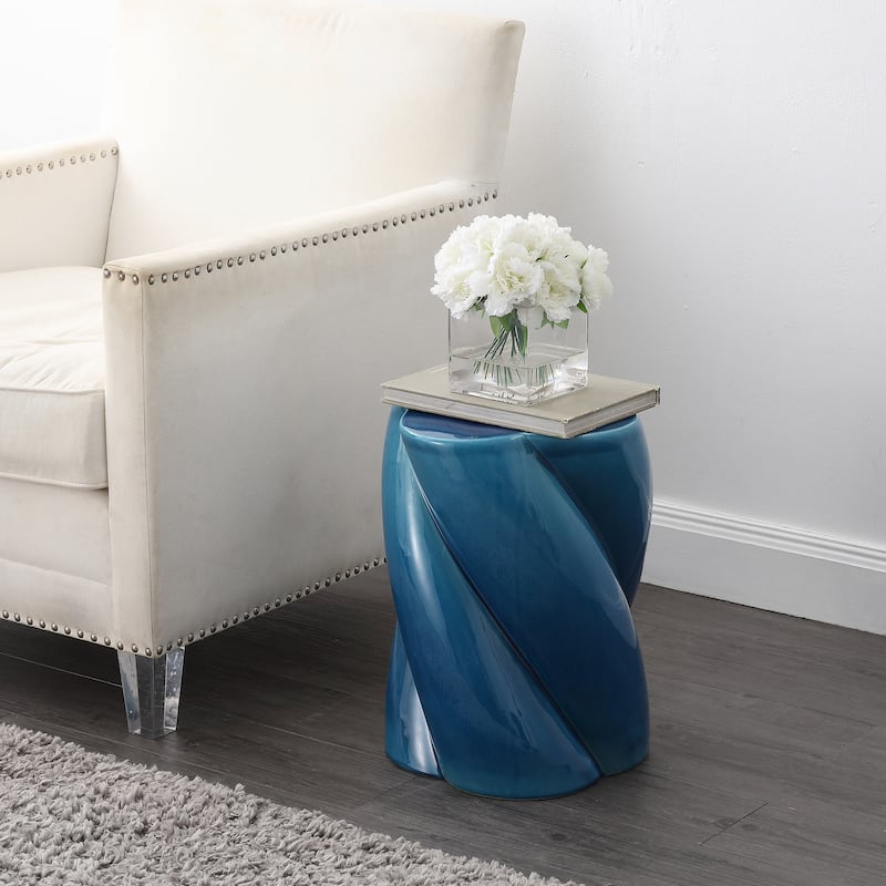 Yves 18" Modern Minimalist Rope Twist Ceramic Indoor-Outdoor Garden Stool - Cracked Blue