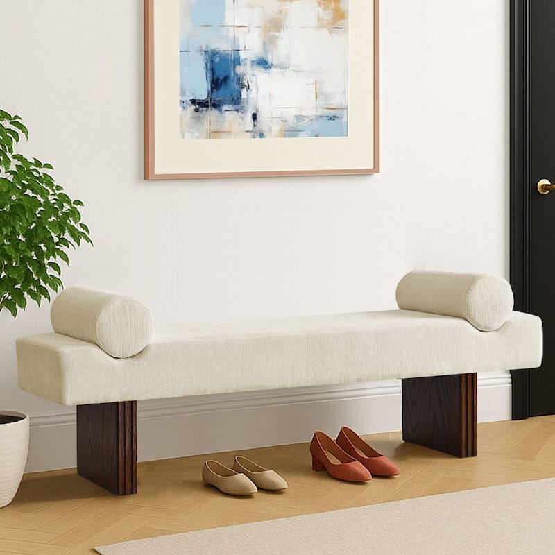 60" Upholstered Bedroom and Entryway Bench with Bolster Pillows - Beige