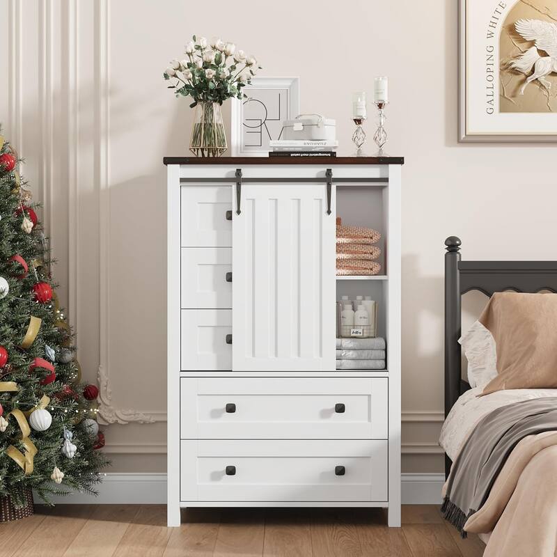 5 Drawer Dresser, Farmhouse Chest of Drawer with Sliding Barn Door - White