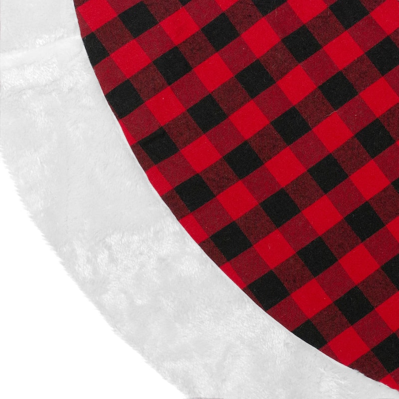 48" Red and Black Buffalo Plaid Christmas Tree Skirt with Faux Fur Trim - 48