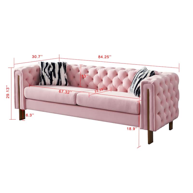 84.25" Luxurious Tufted Velvet Upholstered 3-Seater Sofa with Golden Metal Armrest Design and Buttoned Tufted Backrest