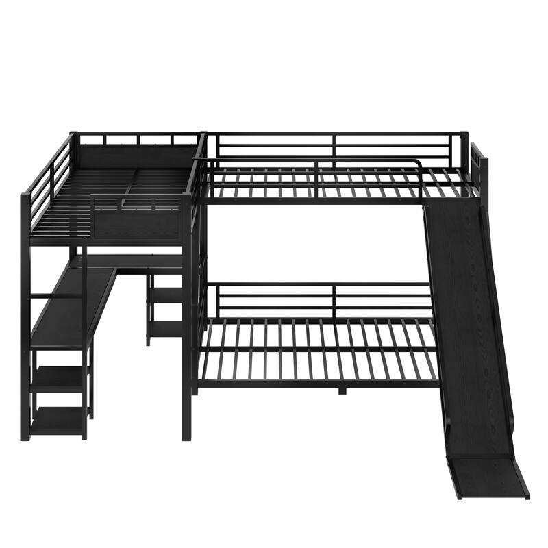 L-Shaped Metal Bunk Bed (Top Bed: Twin, Bottom Bed: Full ) with Single Loft Bed, Desk, and Storage Shelves USB Charging Port