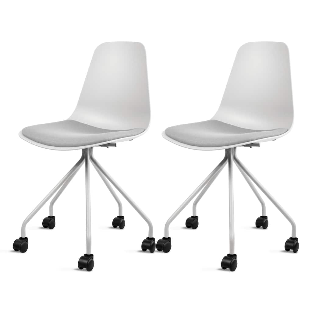 Set of 2 Ergonomic Office Armless Task Chairs with Wheels Plastic Fabric Padded Seat Curved Round Metal Wire Legs for Computer