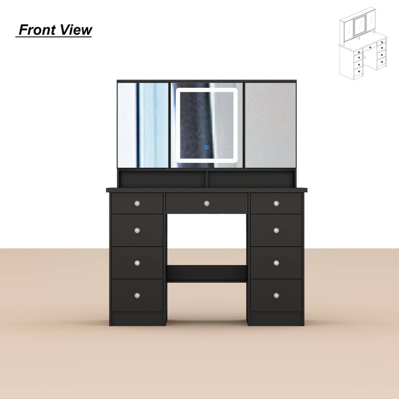 9-Drawer Vanity Set with Crystal Pulls and Versatile Mirror Lighting