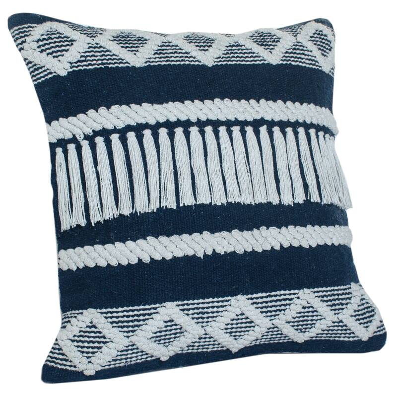 20" Blue and Ivory Diamond Stripe Textured Square Throw Pillow