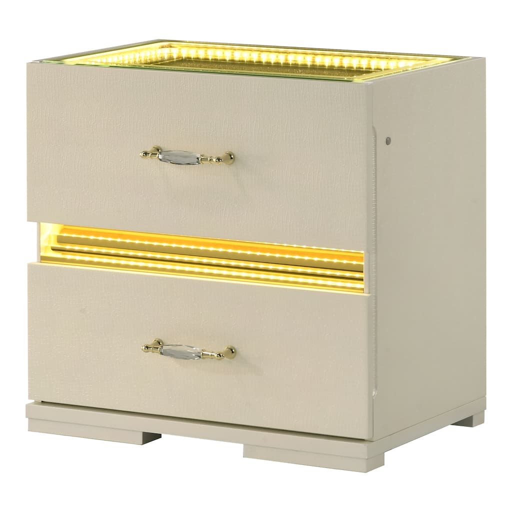 Furniture of America Saven Modern Beige Solid Wood 2-Drawer Nightstand with LED Light