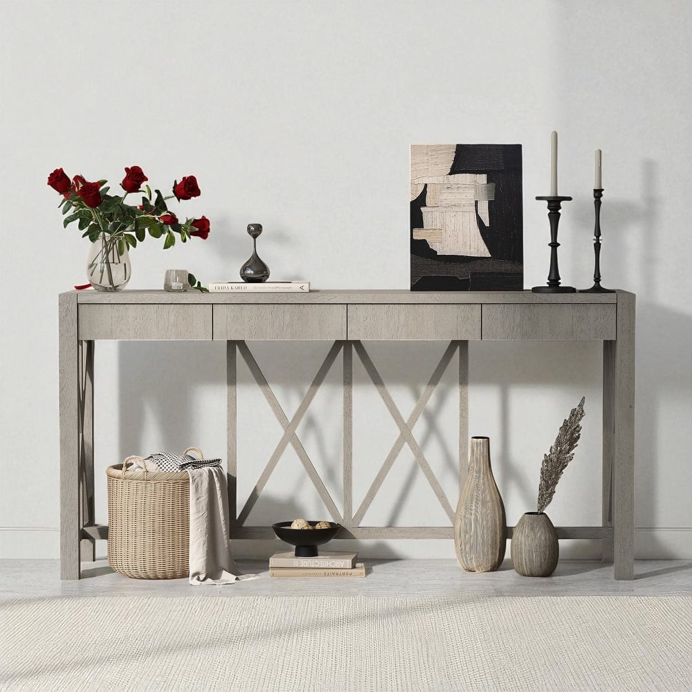 60'' Acacia Veneer Console Table with 4 Drawers and Open Shelf, Farmhouse Entryway Table with Cross Legs