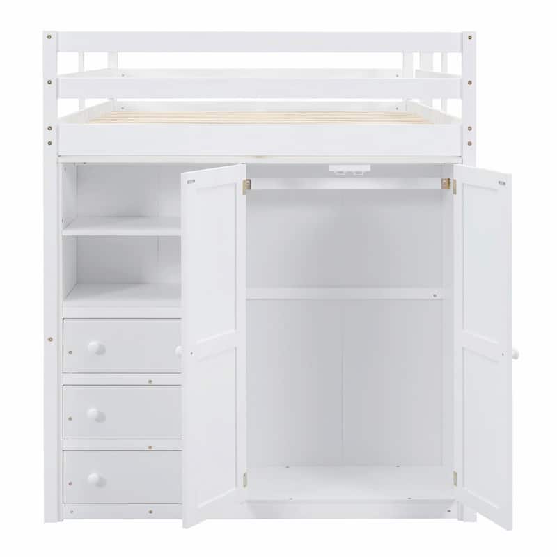 Full Size Loft Bed with Wardrobe, Desk, Storage Shelves, and Drawers