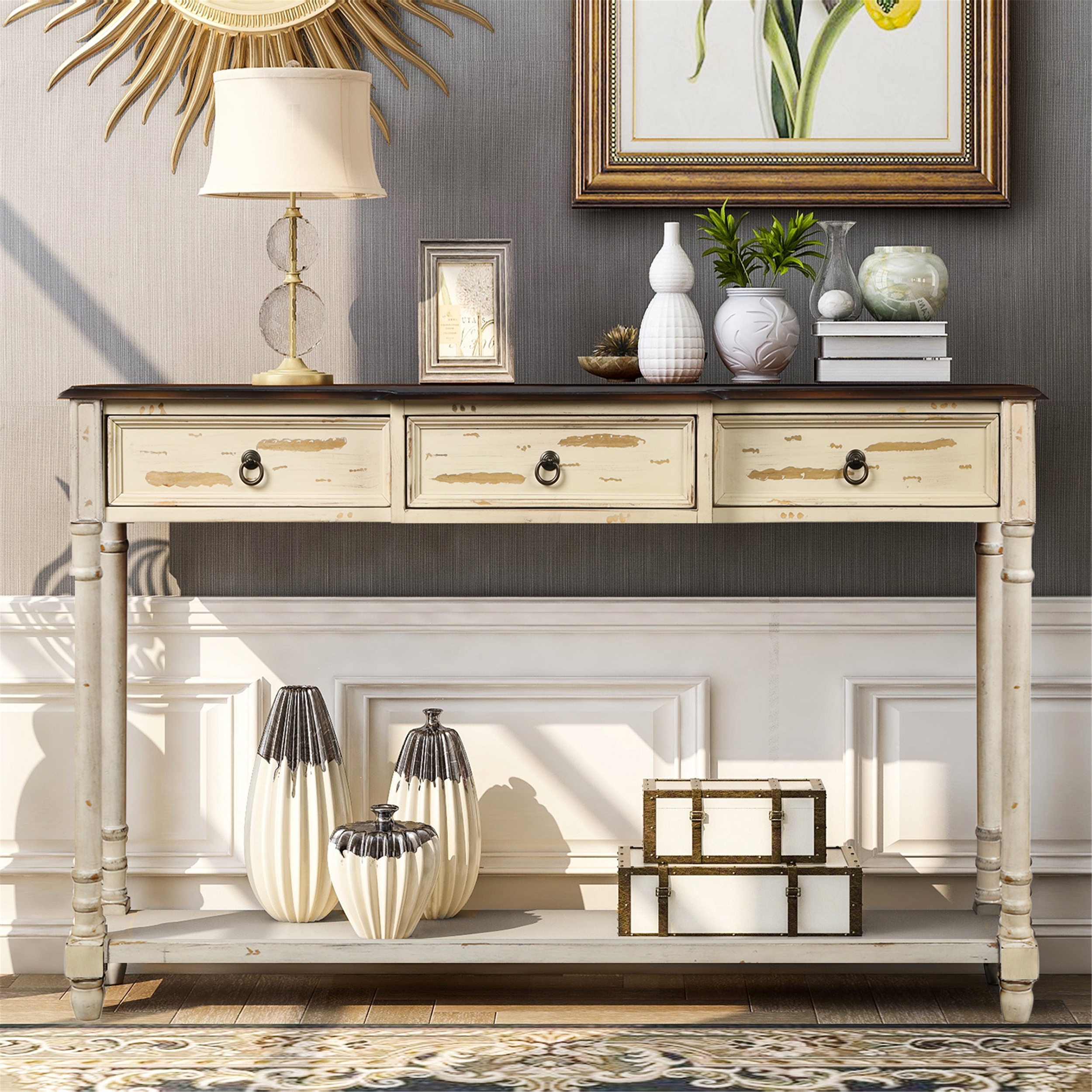 Distressed sofa table with clearance drawers